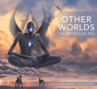 Book cover of 'Other Worlds: The Art of Alex Ries' with an alien figure and cloudy sky.