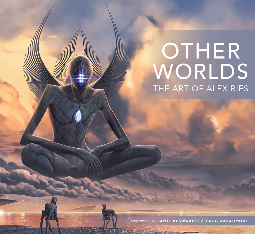 Book cover of 'Other Worlds: The Art of Alex Ries' with an alien figure and cloudy sky.