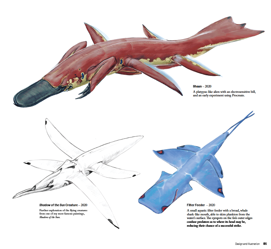A page from the interior showing three marine creature concept sketches with captions: a reddish-brown platypus-like creature labeled 'Shaan' from 2020, a pencil sketch labeled 'Shadow of the Sun Creature' from 2020, and a blue creature labeled 'Filter Feeder' from 2020, on a white background.