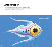 A half-page illustration titled 'Arctic Peeper' on a blue background, with a white header containing descriptive text. The creature has a large yellow-and-orange eye, pale blue body, and pink accents.