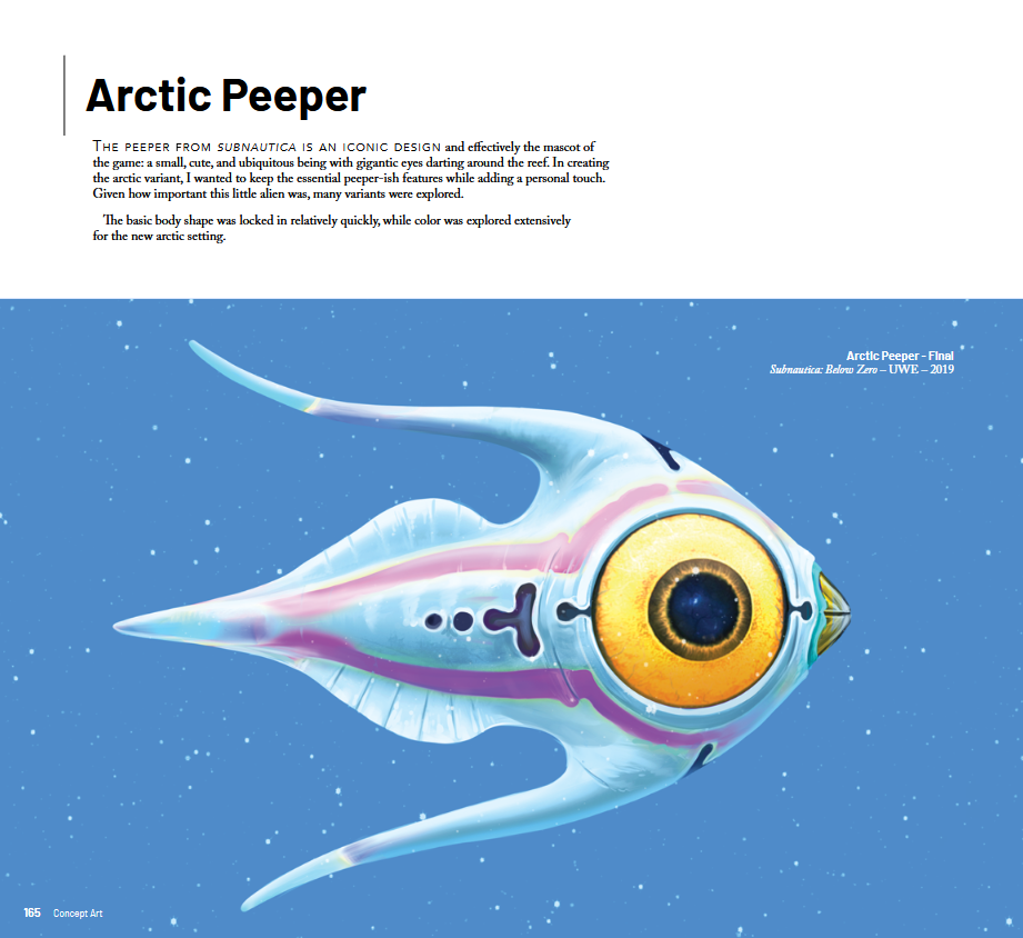 A half-page illustration titled 'Arctic Peeper' on a blue background, with a white header containing descriptive text. The creature has a large yellow-and-orange eye, pale blue body, and pink accents.