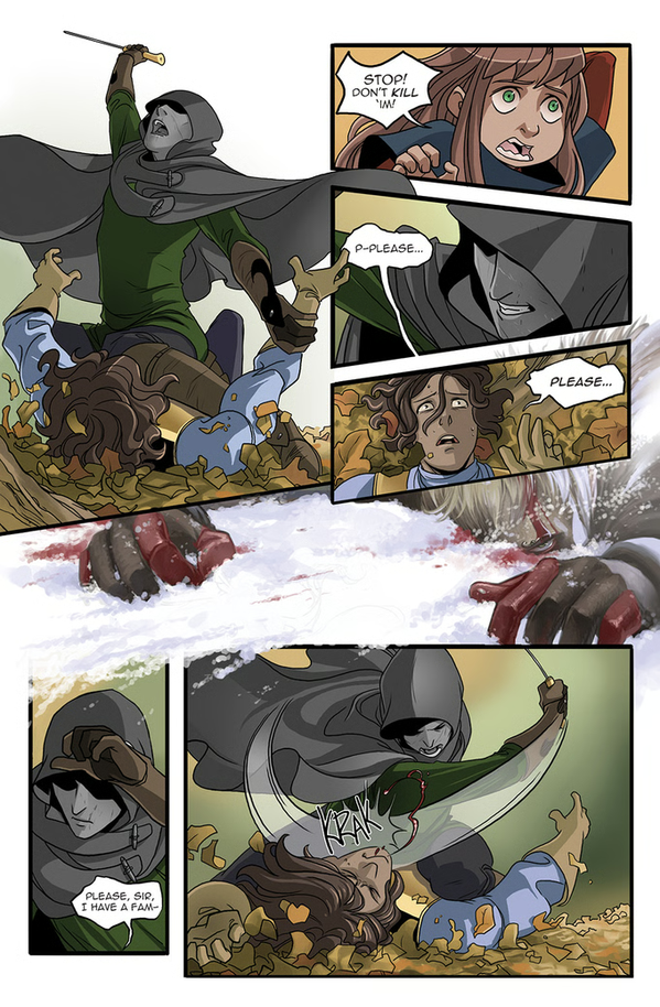 A multi-panel comic page showing a dramatic action scene with a hooded figure in a green cloak fighting/killing several people.