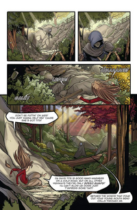 A multi-panel comic page showing a fantasy forest scene.