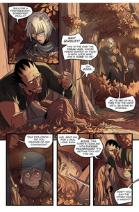 A multi-panel comic page with multiple illustrated panels showing a dramatic outdoor scene. A blond character is on the ground, surrounded by other characters in a forest with autumn foliage.