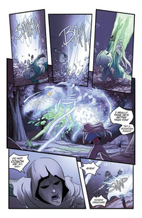A multi-panel comic page showing a fantasy battle scene.