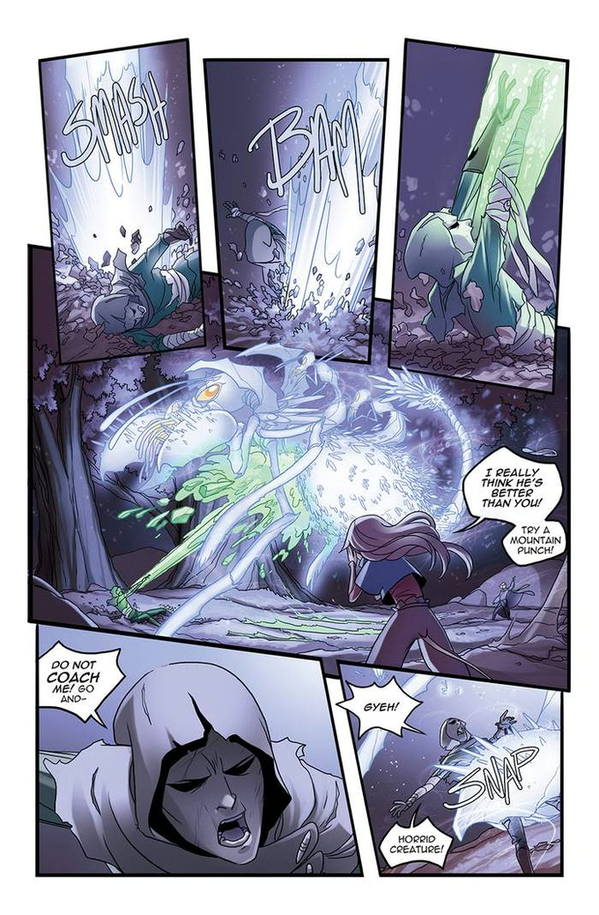 A multi-panel comic page showing a fantasy battle scene.