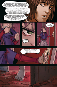 A multi-panel comic page showing a character in a purple and red outfit talking to a man with brown hair.