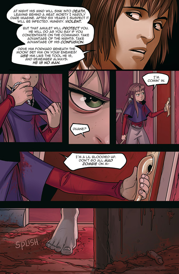 A multi-panel comic page showing a character in a purple and red outfit talking to a man with brown hair.