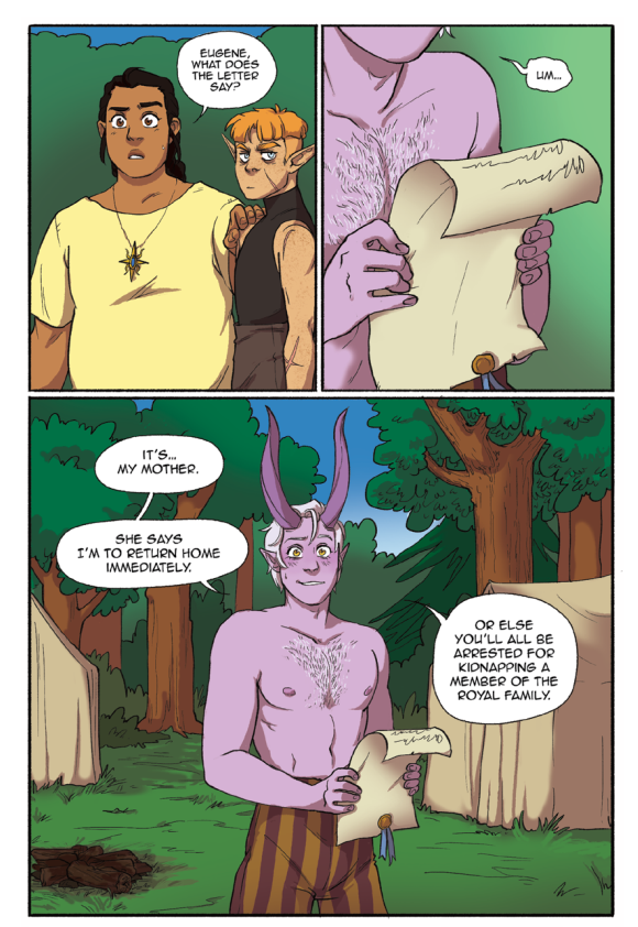 A three-panel comic showing three characters in an outdoor forest setting, with one panel focused on a scroll.