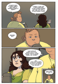 A three-panel comic page showing two people in a conversation, with speech bubbles and a smaller beat inset panel in the bottom right corner.