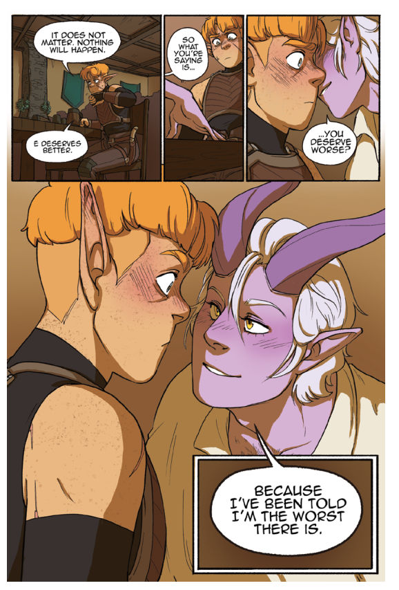 A comic page with multiple panels showing two characters in a close, intimate moment. The larger bottom panel shows a blond character leaning in toward a purple-skinned character with white hair and pointed ears.