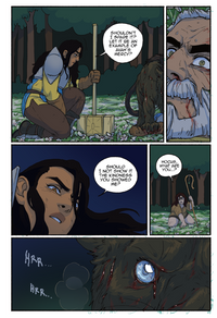 A five-panel comic page featuring illustrated characters in a dark forest setting, with speech bubbles and a close-up of a large bloodied animal face.