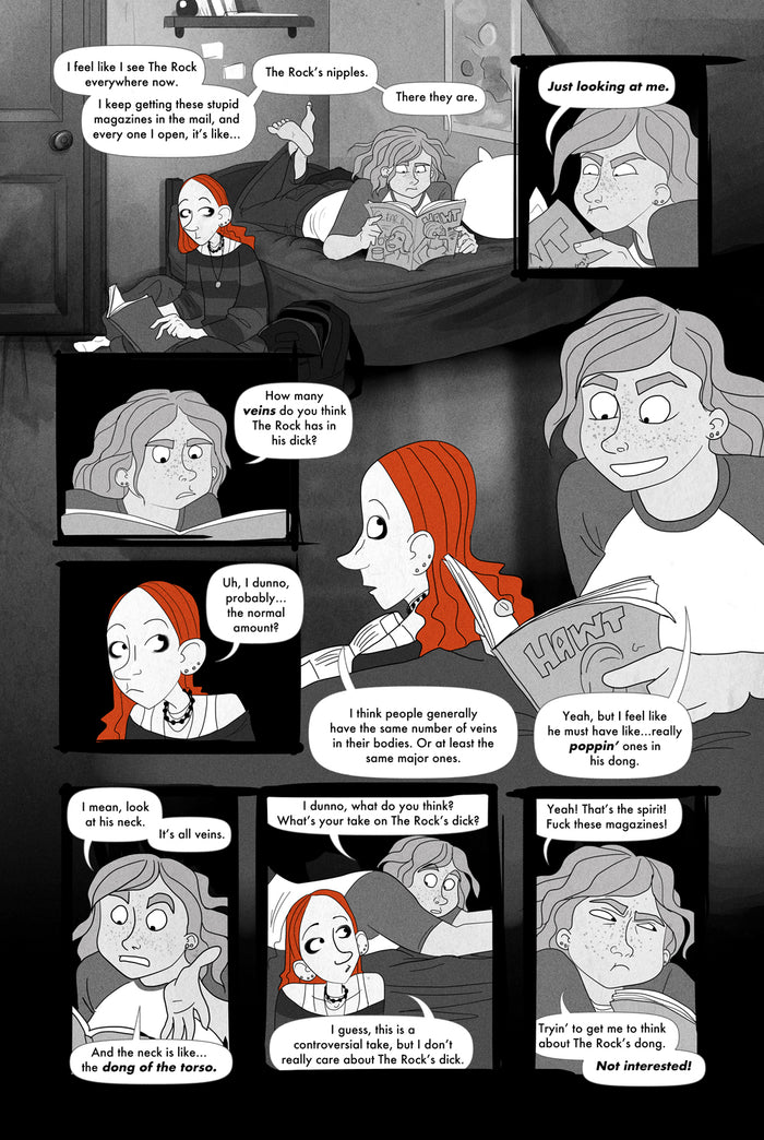 Comic strip with multiple panels showing two characters interacting with a magazine and discussing it.