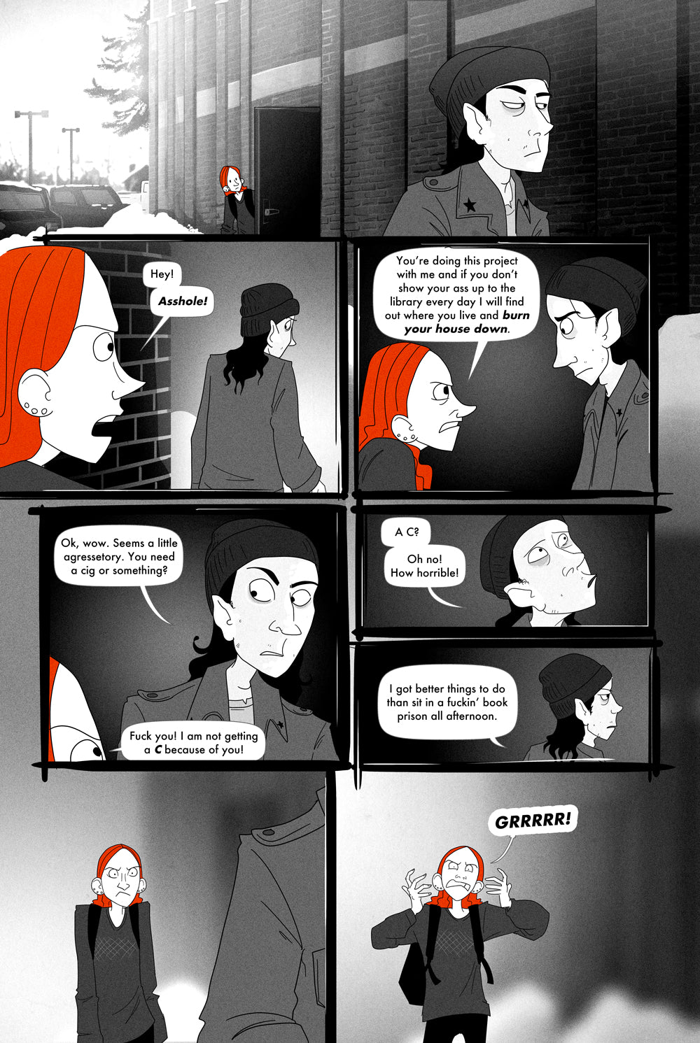 Comic strip with multiple panels showing two characters discussing their homework project.