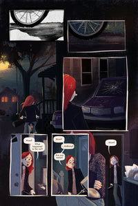 Comic strip with multiple panels showing a character with red hair riding home on her bike.